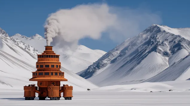 눈 덮인 산 풍경 속 화성 삼각대 전쟁 기계 2K 배경화면