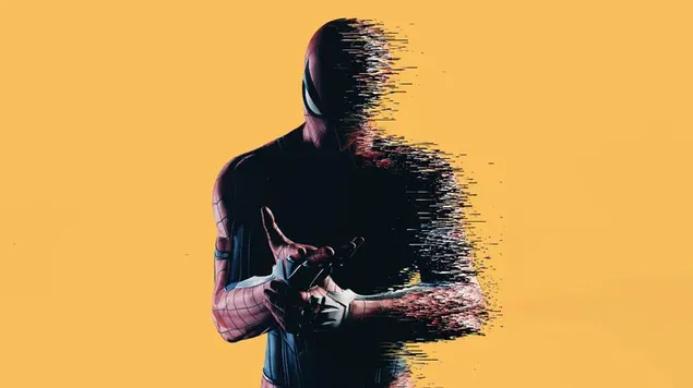 Marvel comics character superhero spiderman straightens his costume in front of yellow background 4K wallpaper