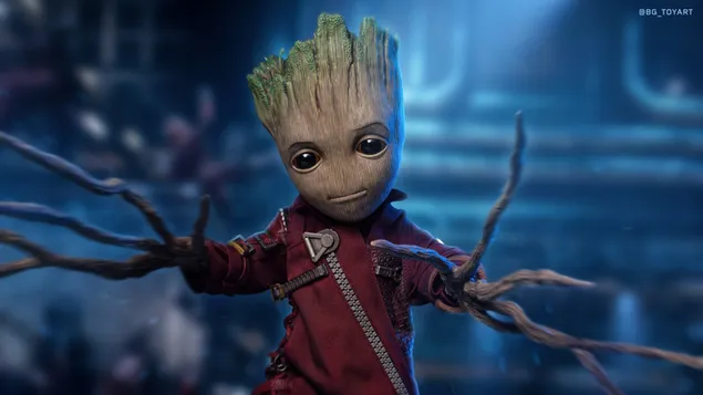Marvel's Guardians of the Galaxy filmpersonage baby Groot in rode ritsjurk met zwarte grote ogen