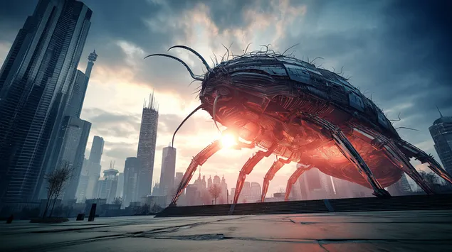Ogromny biomechaniczny chrząszcz w dystopijnym krajobrazie miejskim 2K tapeta