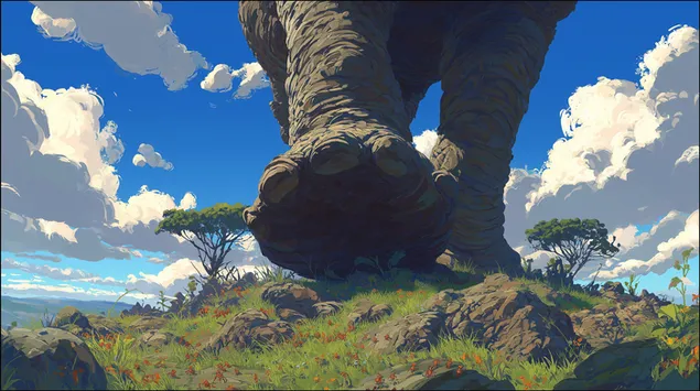 Enormes patas de elefante em encosta gramada sob céu azul 2K papel de parede