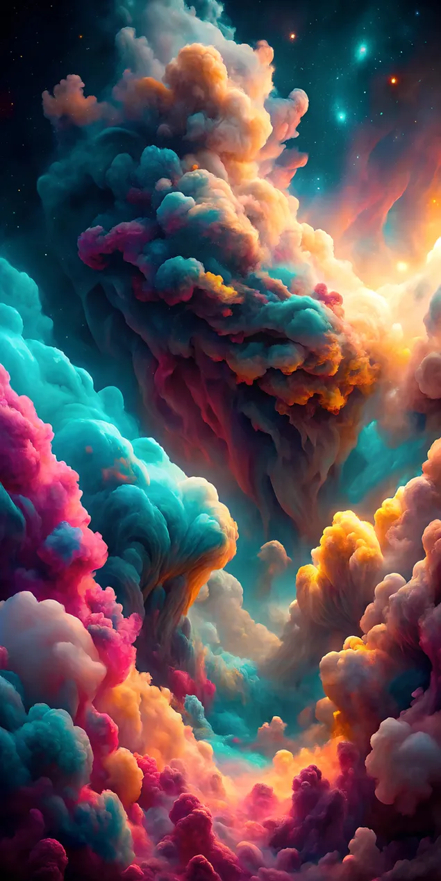 Retë masive të gazit të ndezur në rozë, kafe dhe ar që rrotullohen në një zbrazëti të zezë 2K sfond