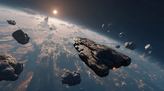 obrovska kosmicka lod pobliz planetarni atmosfery obklopena asteroidy stahnout