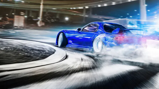 Mazda, een snelle blauwe auto die in bochten rook uit zijn banden stoot 2K achtergrond