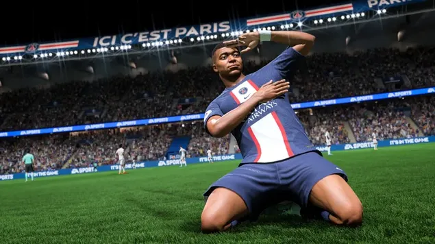 Mbappe merayakan dengan kemeja Paris Saint-Germain di stadion seri video game FIFA 23 4K wallpaper