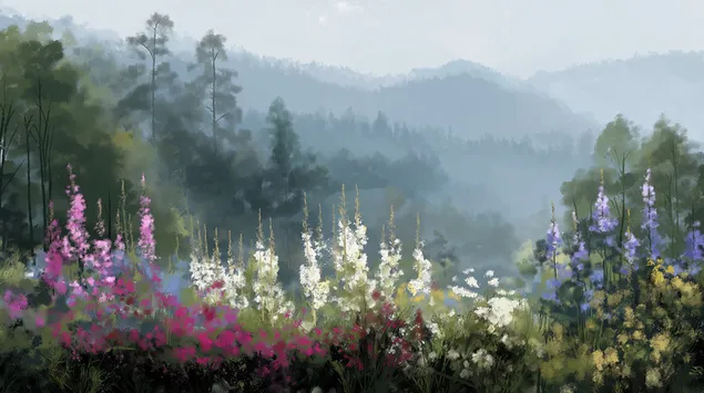 野花盛开的草地和森林覆盖的山丘 2K 壁纸