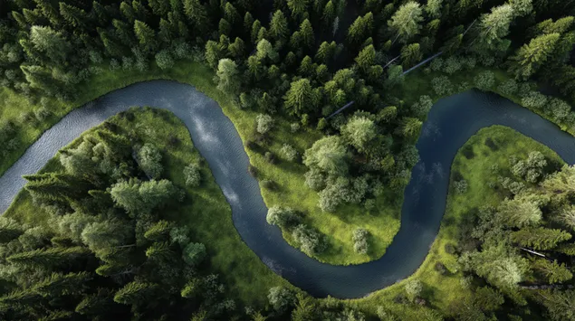 Riu serpentejant en un entorn natural herbós i boscós 2K fons de pantalla