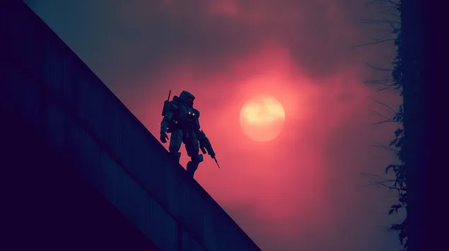 Mech Krieger géint Sonnenënnergang am postapokalyptesche Kader 2K Tapeten