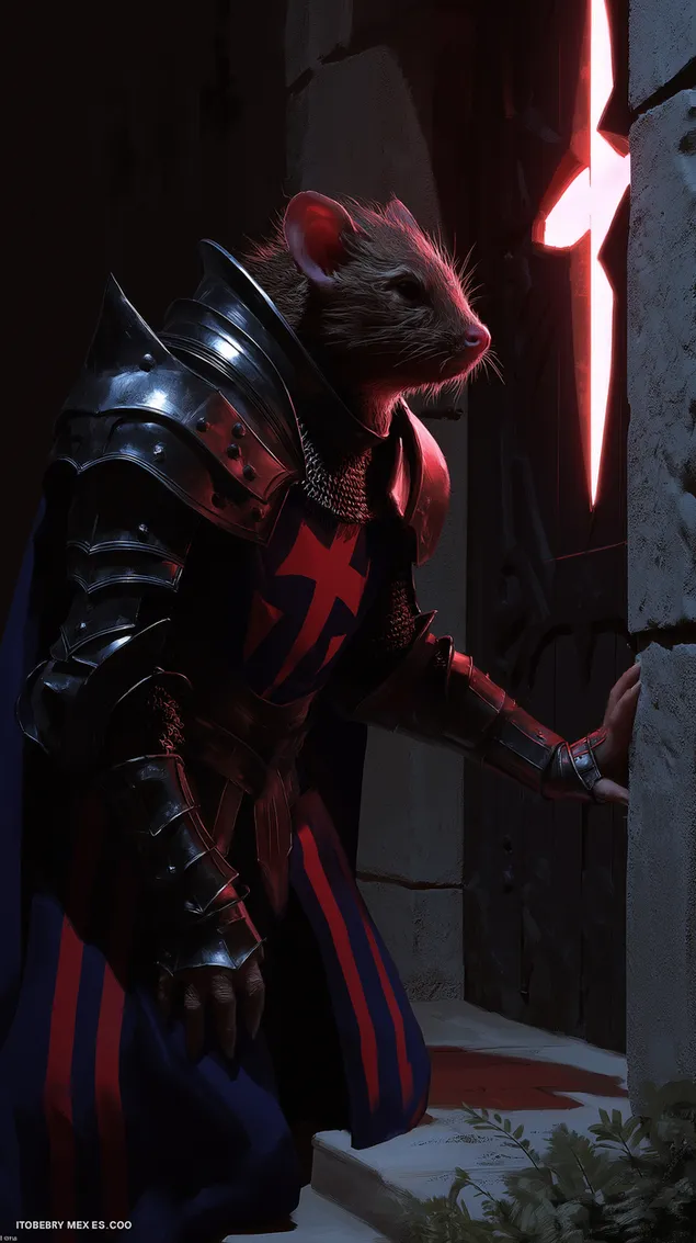 middeleeuwse knaagdierkrijger-ridder knielt bij de lichtgevende deur download