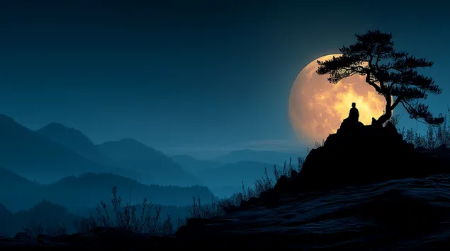 Taustakuva Meditoiva hahmo, jonka täysikuu kuvastaa vuorten yllä 2K