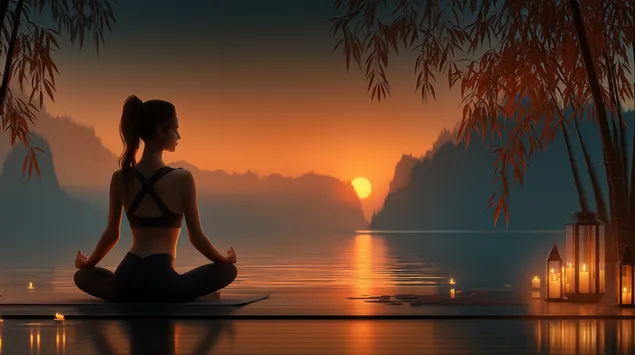 תנוחה מדיטטיבית ליד המים בשקיעה 2K טפט