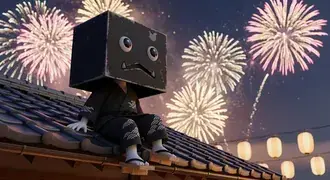Tapeta Postava melancholické krabice na střeše s ohňostrojem pro pozadí plochy 4K