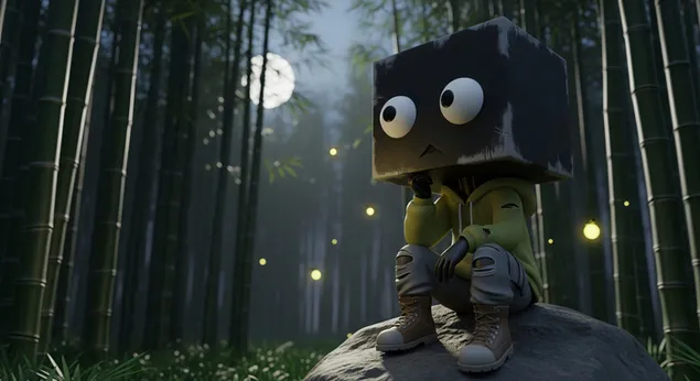 דמות מלנכולית בעלת ראש קובייה ביער במבוק מואר ירח כרקע לשולחן העבודה 4K טפט