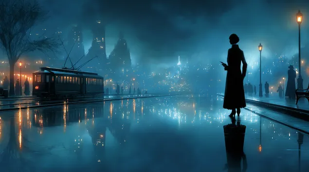 אישה מלנכולית בגשם דמדומים עם השתקפויות עירוניות 2K טפט