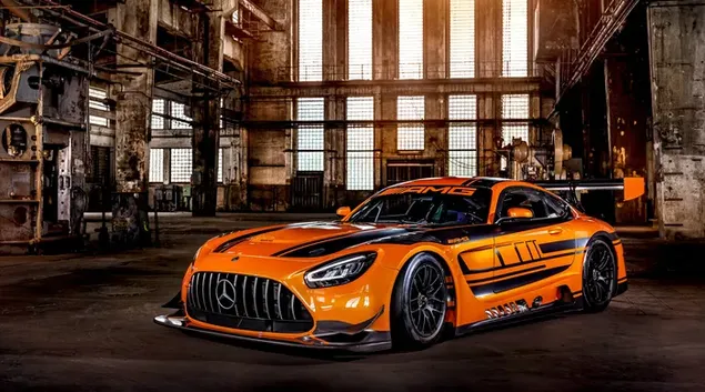 mercedes amg gt3, narandzaste boje, nisko uz zemlju, odlicnog izgleda trkaci automobil koji stoji u garazi preuzmi