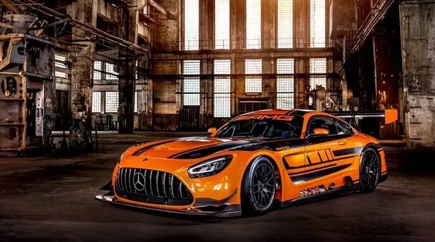 Mercedes AMG GT3, an orange-colored, low-to-the-ground, great-looking race car standing in the garage