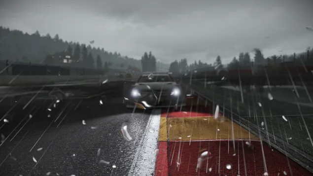 Balapan mobil sport Mercedes-Benz SLS di tengah hujan