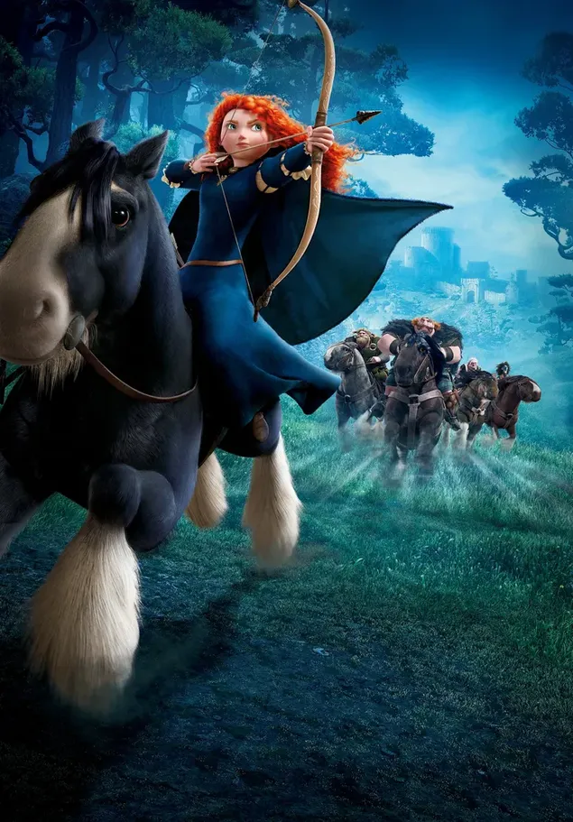 Merida, das orangehaarige Mädchen, das einen Pfeil auf ein Pferd schießt, aus dem Brave-Animationsfilm herunterladen