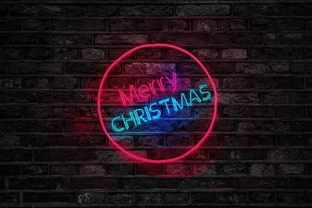 Selamat Natal salam di lampu neon dengan latar belakang dinding bata