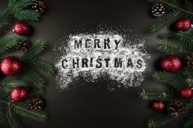 "Merry Christmas" belettering en ornamenten voor het nieuwe jaar op zwarte achtergrond