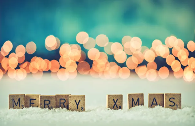 Frohe Weihnachten in Scrabble-Fliesen mit Weihnachtsbeleuchtung Bokeh-Effekt 4K Hintergrundbild