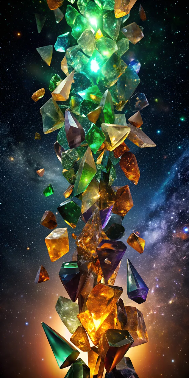 Betoverende werveling van deurskynende glasskerwe wat kosmiese smarag, pers en goud weerspieël 2K muurpapier