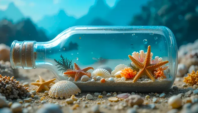 Mensaje en una botella: Escena oceánica en miniatura 2K fondo de pantalla