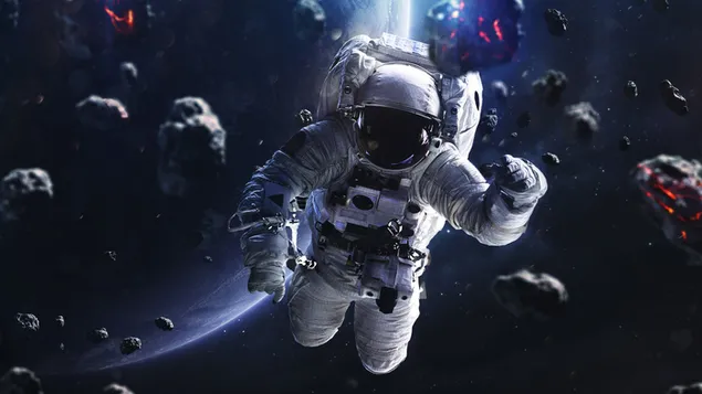 宇宙空間の隕石と宇宙飛行士 4K 壁紙