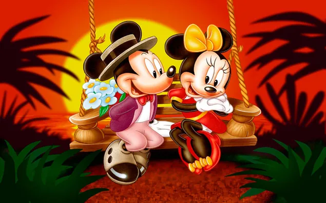 Mickey en minnie mouse romantische zonsondergang koppel 2K achtergrond