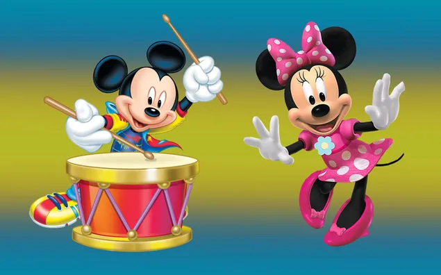 Mickey mouse en minnie mouse met trommel 2K achtergrond
