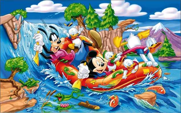 Micky Maus Donald Duck und Gofy segeln auf dem Fluss 2K Hintergrundbild