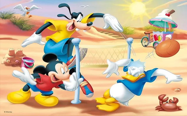 Mickey Mouse Goofy in Donald Duck odbojka na mivki 2K ozadje