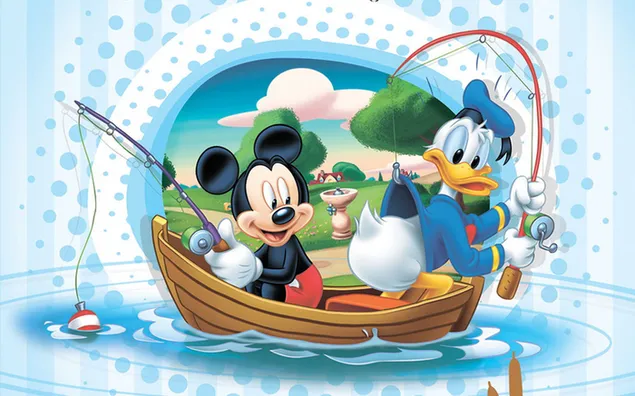 Mickey mouse y pato donald pescando con bote
