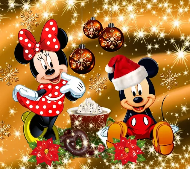 Mickeymouse & vrienden genieten van kerst 2K achtergrond