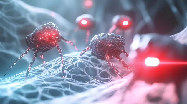 Mikrobotte wat in 'n kunsmatige matriks werk 8K muurpapier