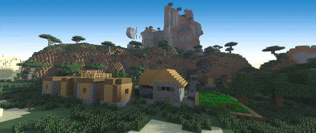 Microsoft Minecraft-videogameafbeeldingen van bergen, bomen en huizen in groene tinten download