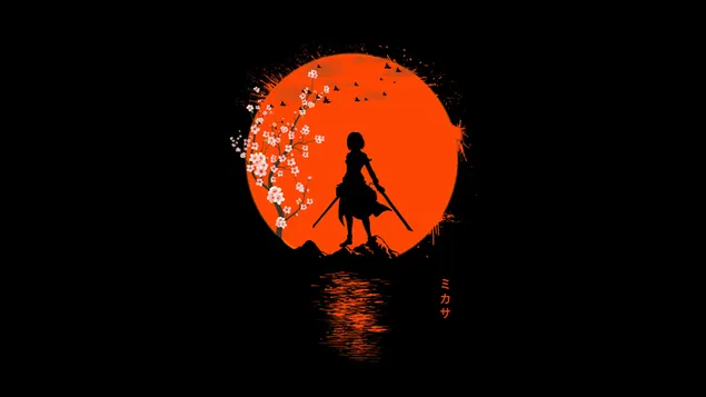Mikasa Ackerman silhouette at red full moon 4K wallpaper