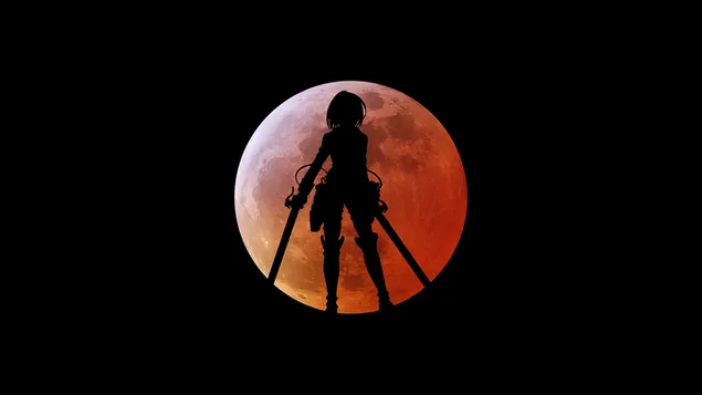 Mikasa Ackerman with sword cartoon character at red full moon 4K wallpaper