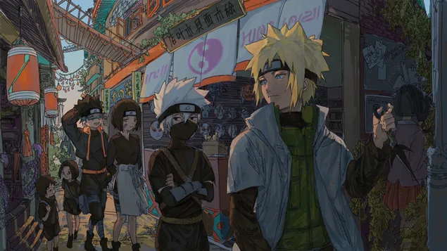 Minato caminando en un mercado con su alumno kakashi
