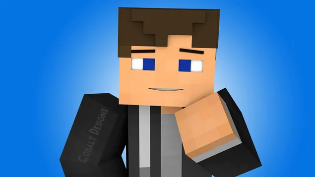 青い目、茶色の髪、黒いスーツの Minecraft ゲームのキャラクター