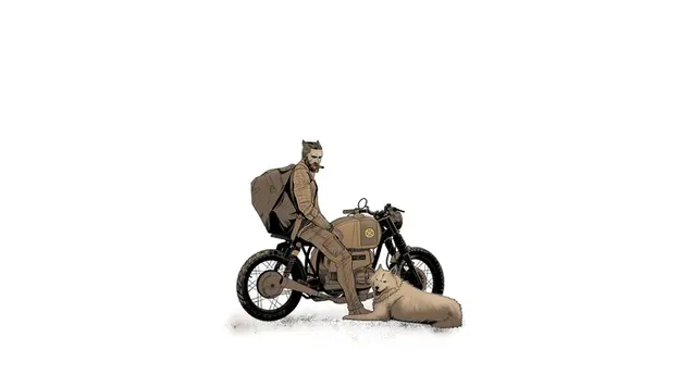 Gambar minimal manusia dan anjing duduk di atas sepeda