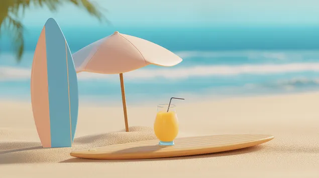 minimalistesch strandanlag mat surfbrett a gedrenks um mier eroflueden