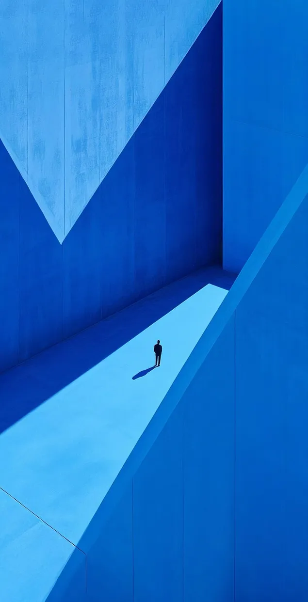 minimalistesch blo paneele an eng eenzeg figur am schaarfe schiet eroflueden