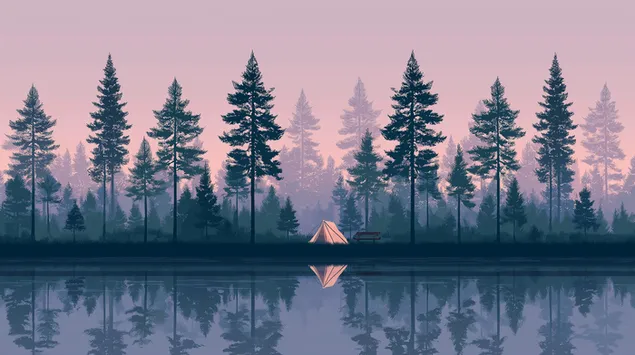 Minimalistični prizor gozdnega jezera s šotorom ob sončnem zahodu 2K ozadje