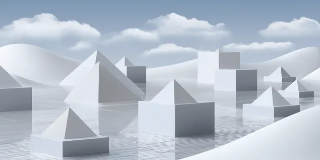 Peizazh minimalist gjeometrik me kube dhe piramida 2K sfond