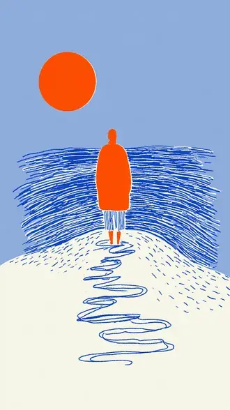 minimalist graphic illustration of person in orange coat looking toward ocean under red sun download