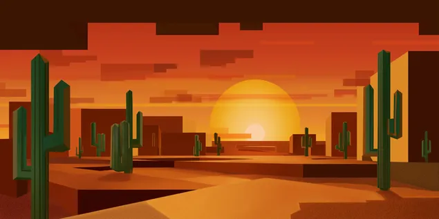 minimalistichniy niz'kopoligonal'niy pustel'niy landshaft na zakhodi sontsya z formami kaktusiv zavantazhiti