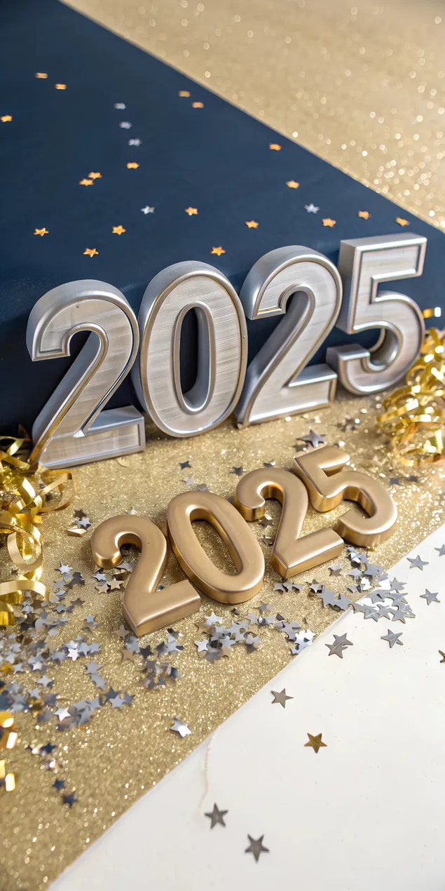 Minimalistički metalik 2025. sa zlatnim i srebrnim konfetima 2K pozadina