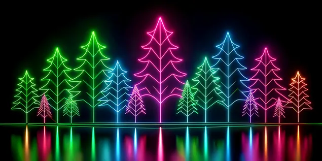 Minimalistyczny las z neonowymi liniami i świecącymi konturami na głęboko czarnym tle 4K tapeta