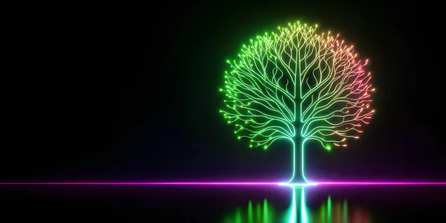 Minimalistyczne drzewo z neonową linią i refleksami na odważnym czarnym tle 4K tapeta